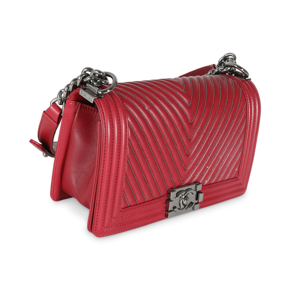 Chanel Burgundy Chevron Calfskin Chain Medium Boy Bag - Picture 3 of 8